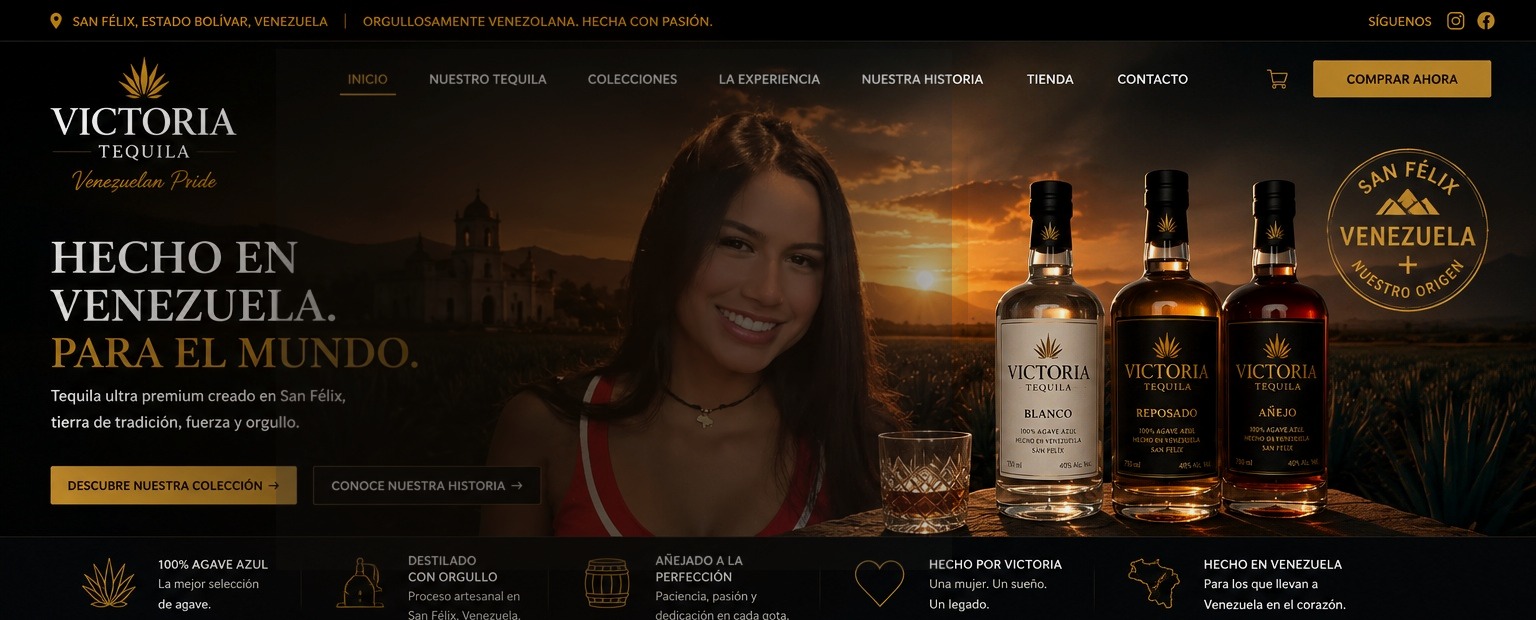 Victoria Tequila premium hero background with San Félix sunset, bottles and Venezuelan pride design